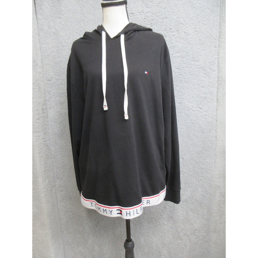 Tommy Hilfiger Y2K 90s Hoodie Men L Black Preppy Streetwear Minimalist Logo Trim